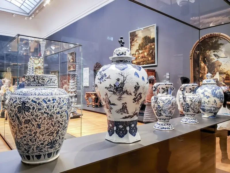 17th-century Delftware ceramic with oriental blue motifs on display at the Rijksmuseum Amsterdam, showcasing Dutch craftsmanship influenced by Asian porcelain