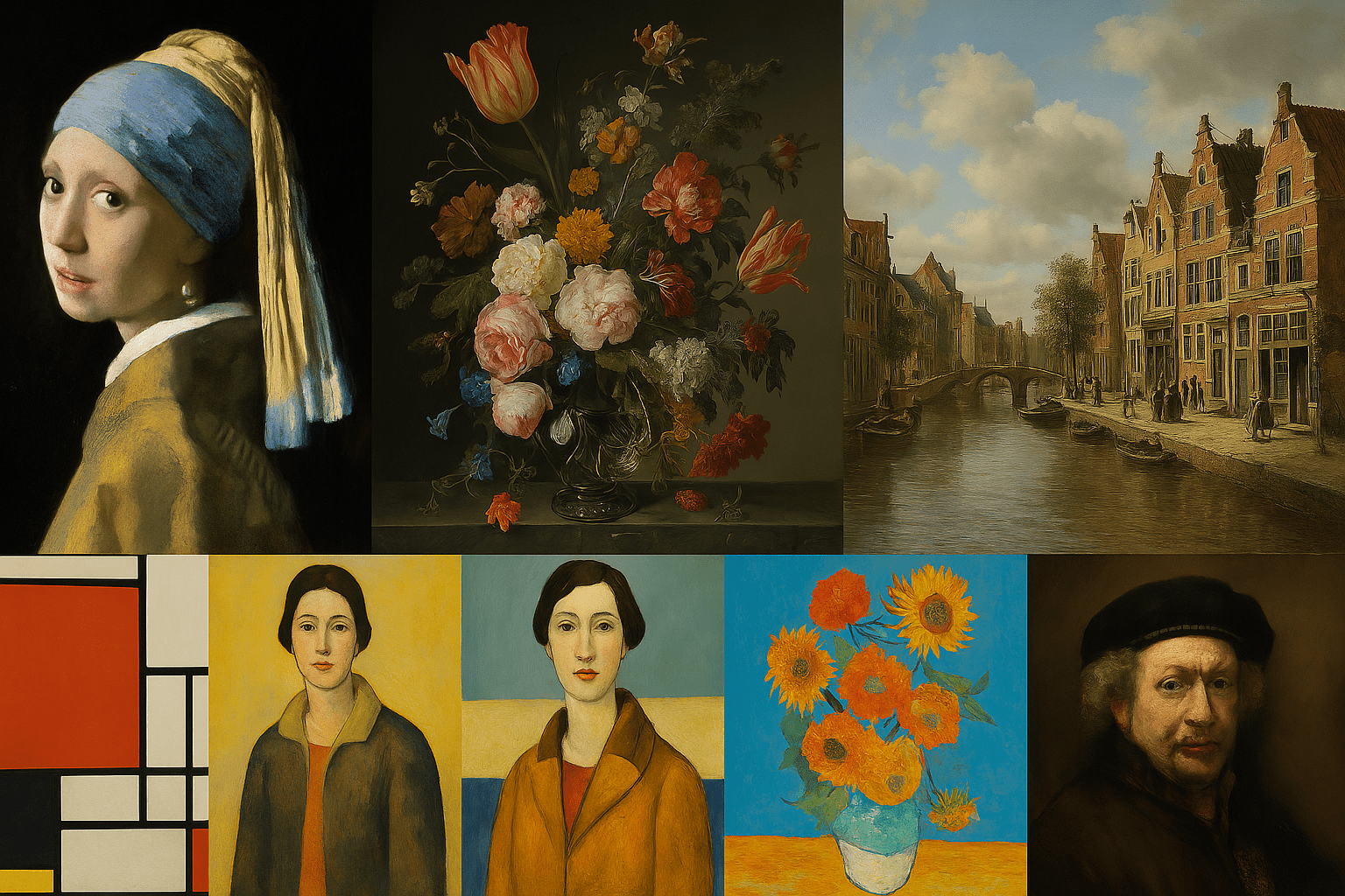 Scenic collage of Dutch cultural heritage including windmills, historic canal houses, and iconic artworks from Holland’s rich museum landscape.
