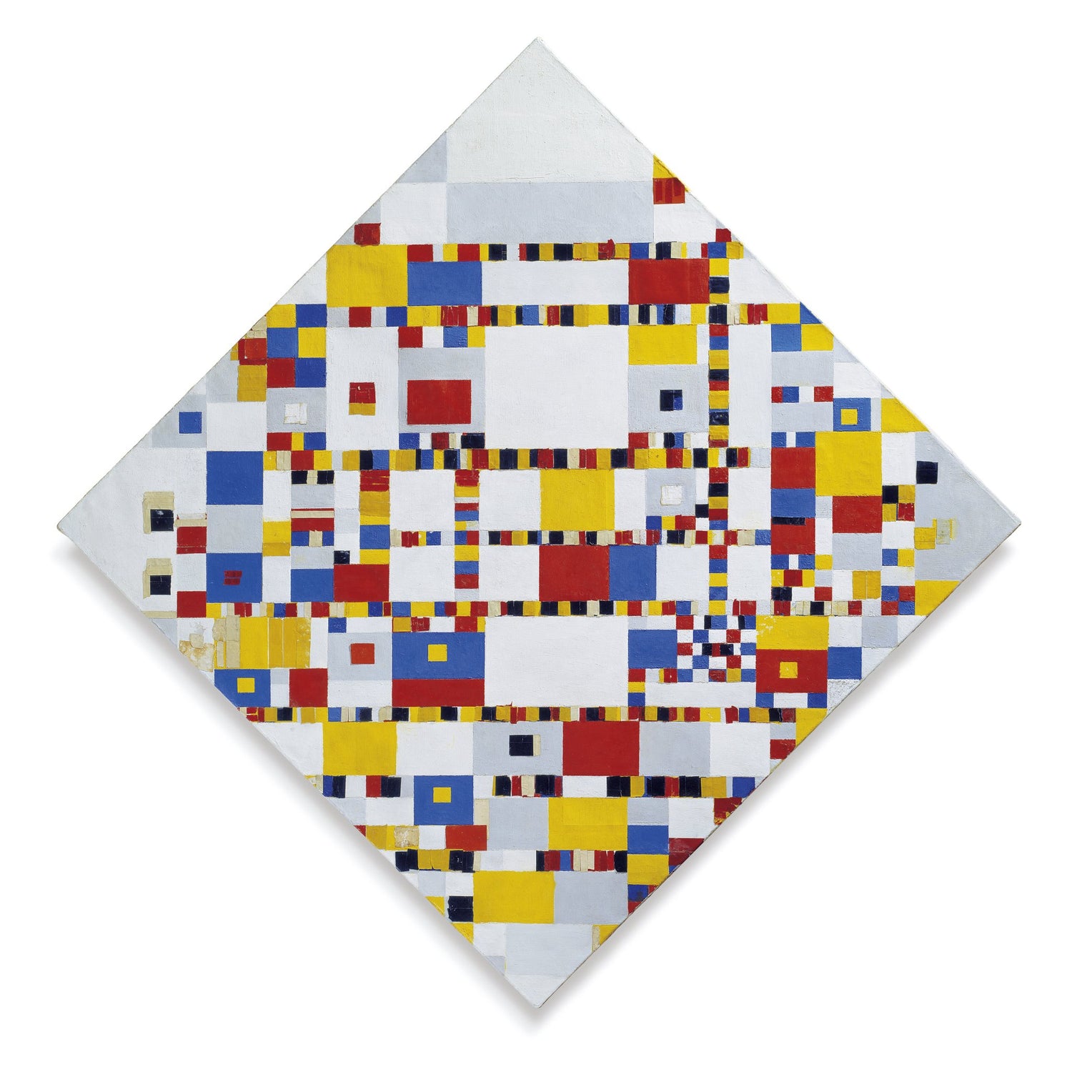 Piet Mondrian’s Victory Boogie Woogie, an unfinished abstract painting composed of vibrant geometric grids in red, blue, yellow, and white.