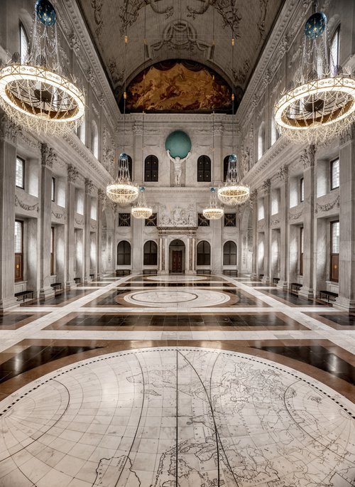 Royal Palace Amsterdam main hall with marble statues, floors and ceilings