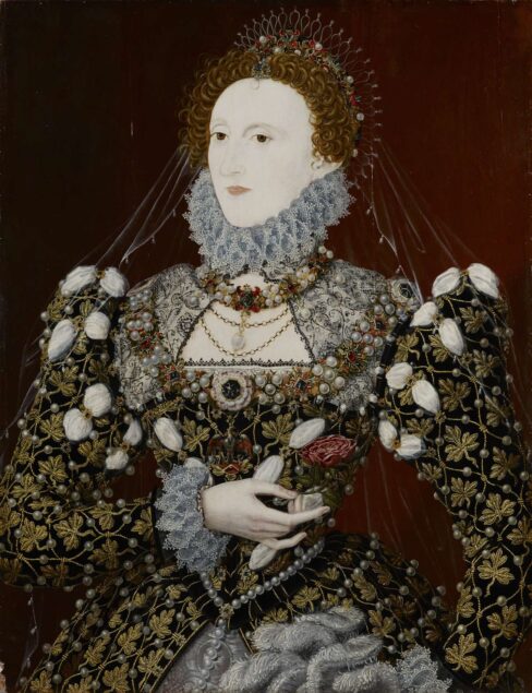 Portrait miniature of Queen Elizabeth I by Nicholas Hilliard, featuring the queen in elaborate Elizabethan dress with intricate jewelry and a regal expression; held by the National Portrait Gallery.
