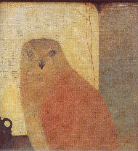 Delicate painting of a kestrel (torenvalk) by Jan Mankes, showing the bird in profile with soft, detailed plumage and a calm, poised expression. Set against a muted, pale background, the work reflects Mankes’ subtle, almost ethereal style. Housed in a private collection and exhibited at Museum Belvédère.