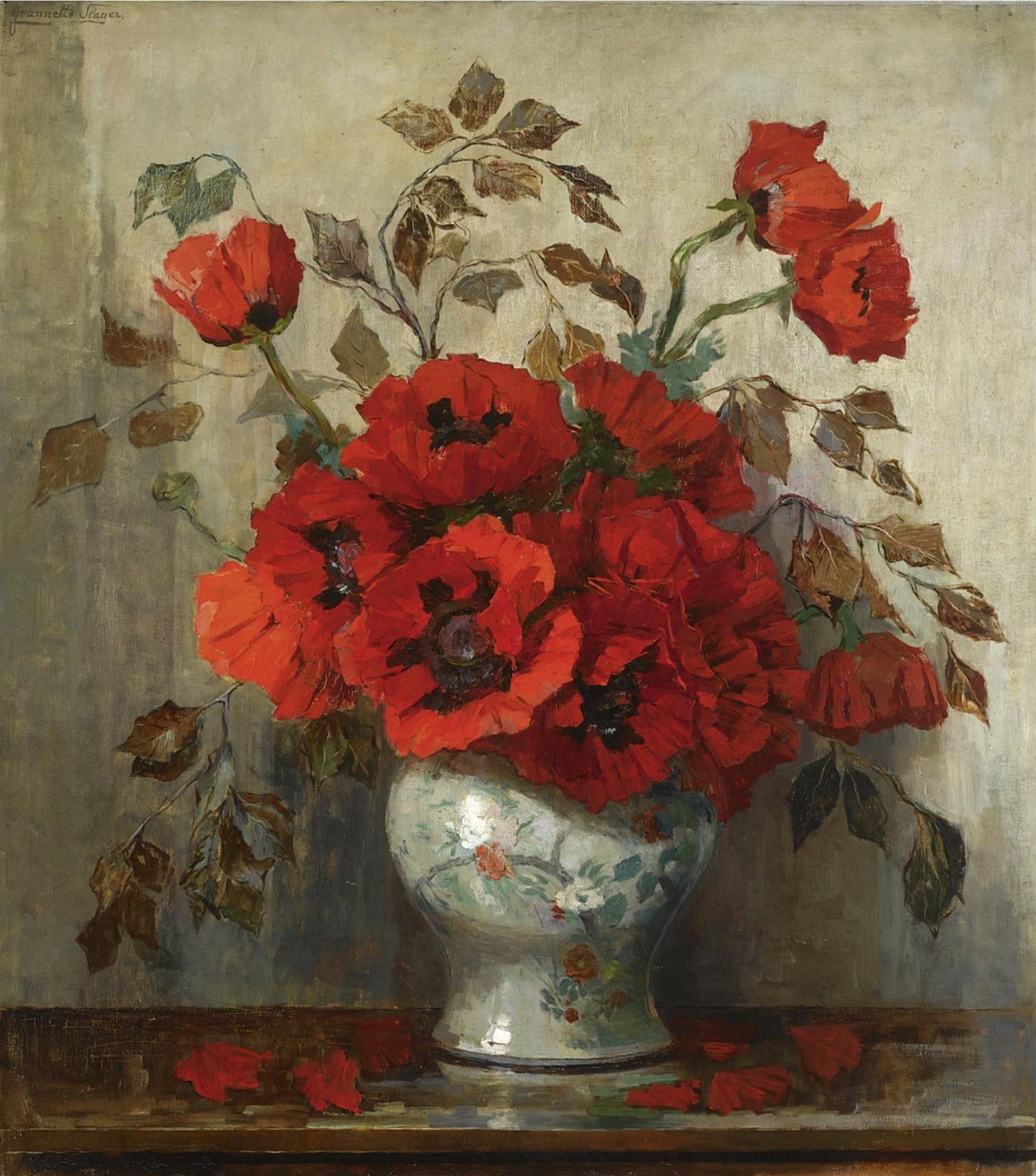 Jeannette Slager’s painting A Still Life with Poppies in a Vase, depicting vibrant red poppies arranged in a simple glass vase against a soft, muted background.