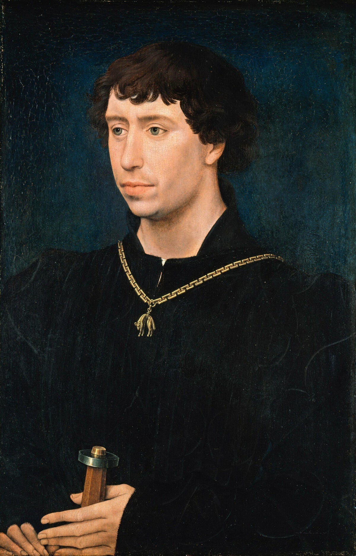 Portrait of Charles the Bold, based on a work by Rogier van der Weyden circa 1455, showing a solemn man in rich, dark garments with folded hands, set against a plain background; housed in the Gemäldegalerie, Berlin.
