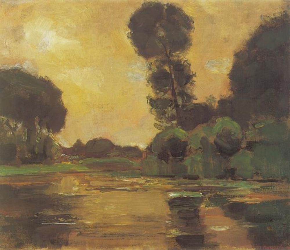 Piet Mondrian’s Isolated Tree on the Gein with Yellow-Orange Sky depicts a solitary tree silhouetted against a glowing yellow-orange sunset, blending naturalistic detail with early hints of abstraction.
