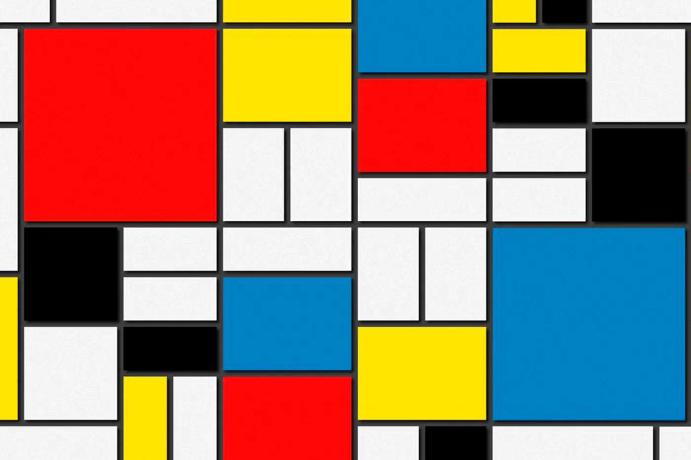 Abstract artwork by Piet Mondrian featuring a geometric composition of primary colors, black lines, and white space in the De Stijl style