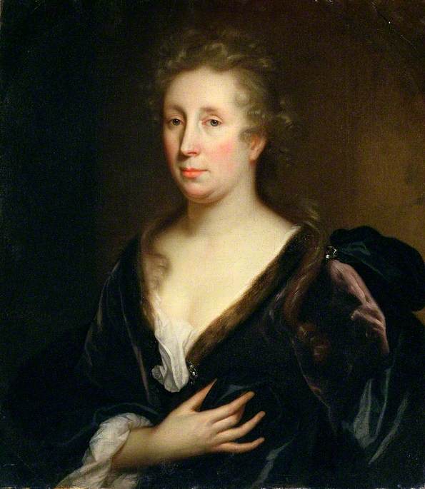 A formal portrait of Rachel Ruysch, elegantly dressed in a dark gown with a white underdress and fine jewelry. She is seated, holding a flower delicately in one hand, symbolizing her identity as a flower painter. The soft lighting and warm tones highlight her serene expression and refined presence.