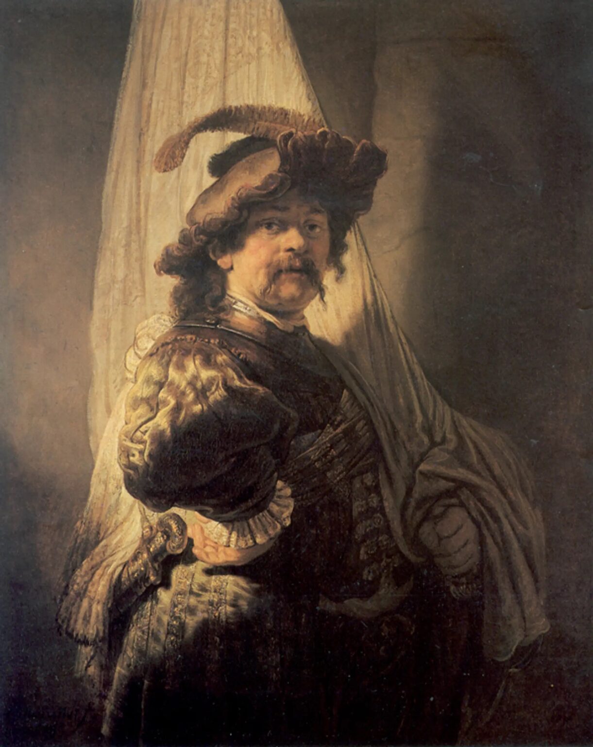 Full-length portrait of a man in 17th-century military attire holding a large flag, painted by Rembrandt, with dramatic lighting emphasizing his elaborate costume and confident stance.