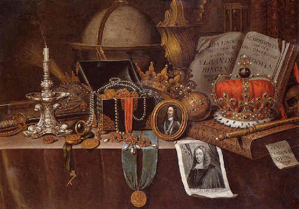 A vanitas still life by Edward Collier featuring a casket of jewels, a silver candlestick, a pocket watch, a crown, and other luxurious objects arranged on a table, symbolizing the transience of wealth and earthly possessions.