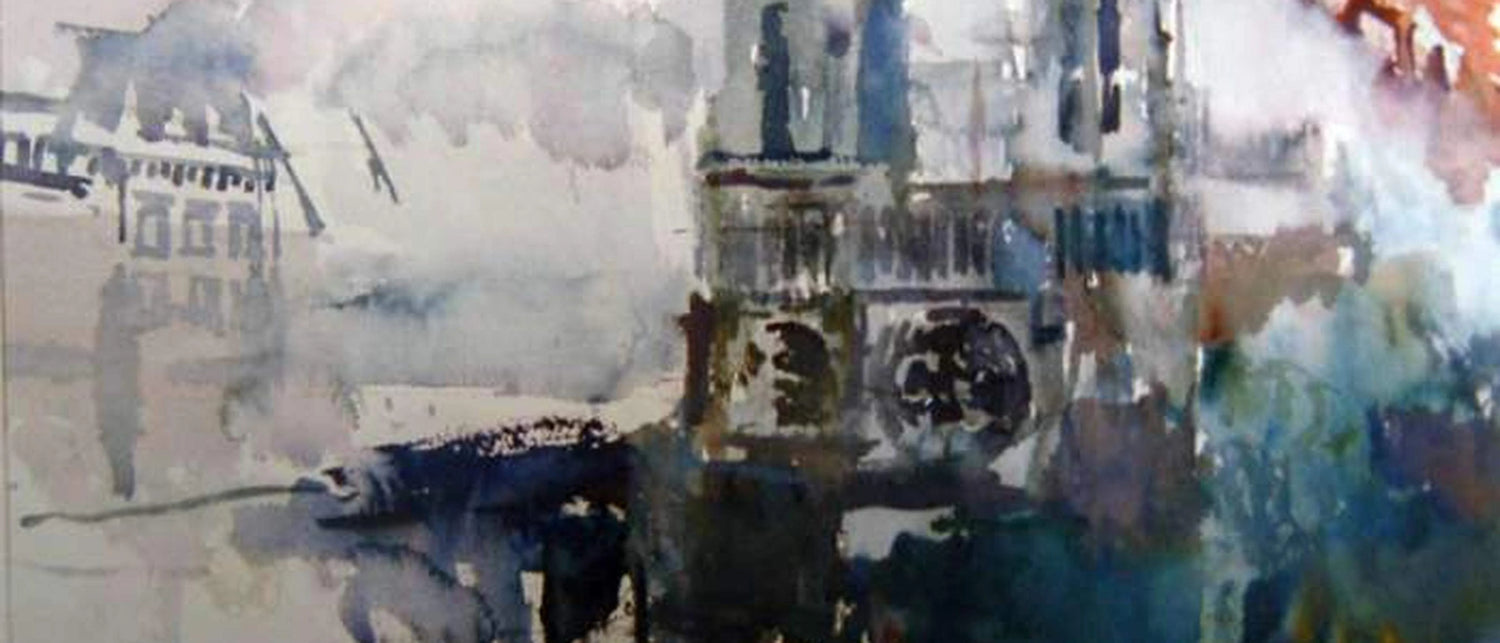 Expressionist painting of Notre-Dame Cathedral by Kees Verwey, created in 1964. The scene features loose, fluid brushstrokes and a muted yet atmospheric color palette, capturing the cathedral’s silhouette with an impression of movement and light. The work emphasizes mood over architectural precision, reflecting Verwey’s modern painterly style.